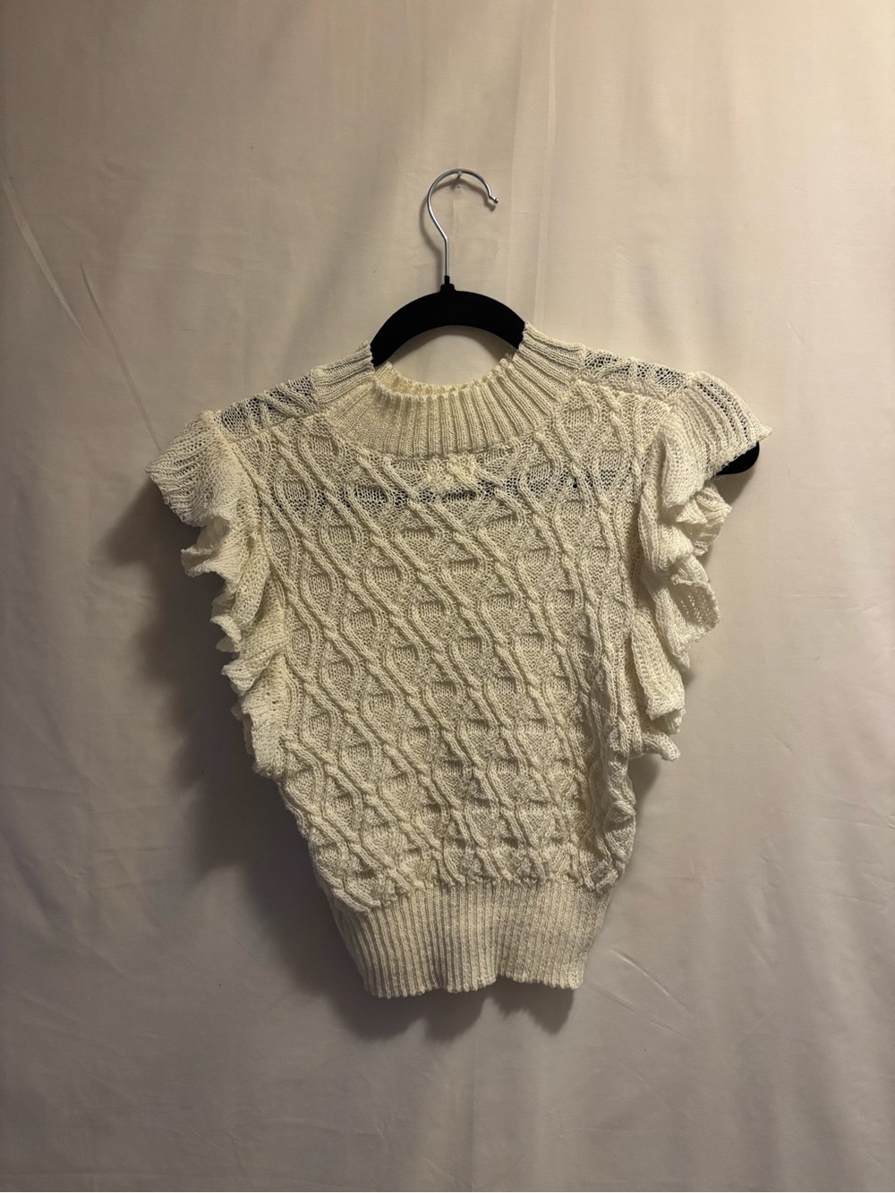 Cream Cable-Knit Ruffle Sleeve Sweater Top